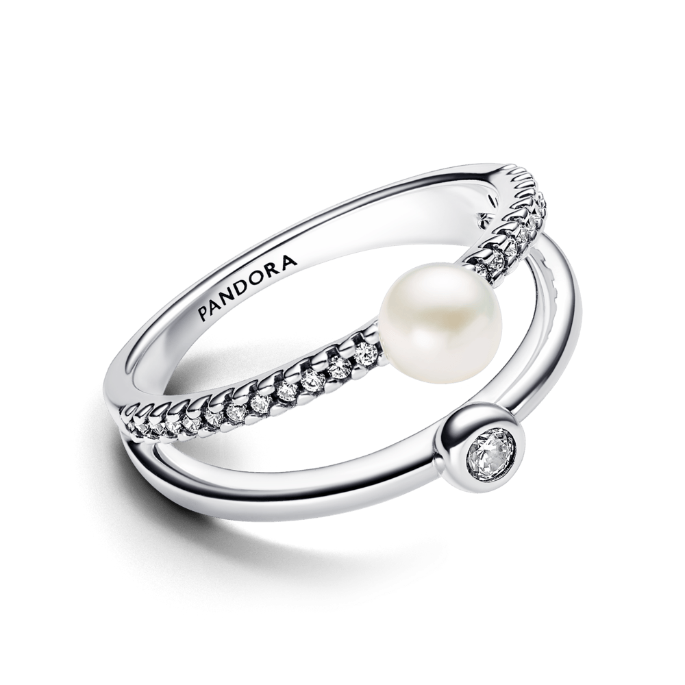 Anillo Pandora Anillo Doble Banda Perla Cultivada de Agua Dulce Tratada y Pavé - Vista detalle