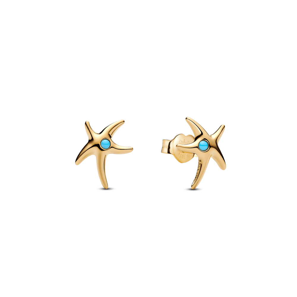 Aros Pandora Aretes de Botón Estrella de mar con recubrimiento en oro de 14k con cristal azul Capri - Vista principal