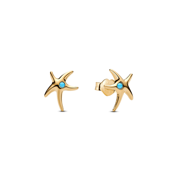 Aros Pandora Aretes de Botón Estrella de mar con recubrimiento en oro de 14k con cristal azul Capri - Vista principal