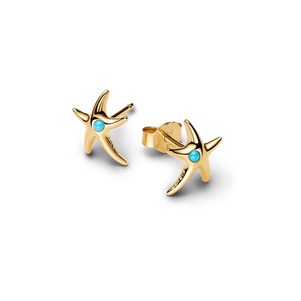 Aros Pandora Aretes de Botón Estrella de mar con recubrimiento en oro de 14k con cristal azul Capri - Vista detalle