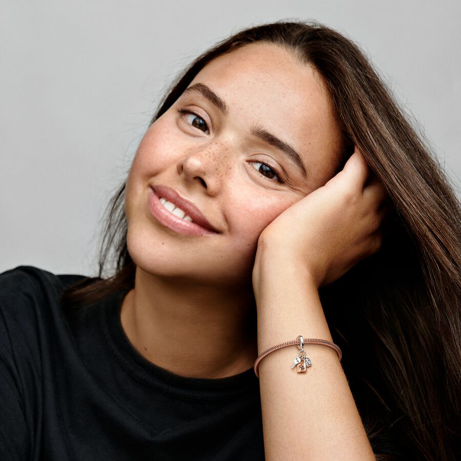 Charm Colgante Triple Llave, Candado y Corazón en Dos Tonos