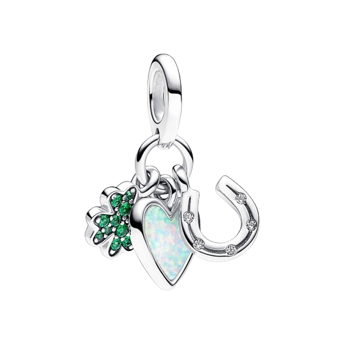 Charm Colgante Triple Trébol de Cuatro Hojas, Corazón y Herradura