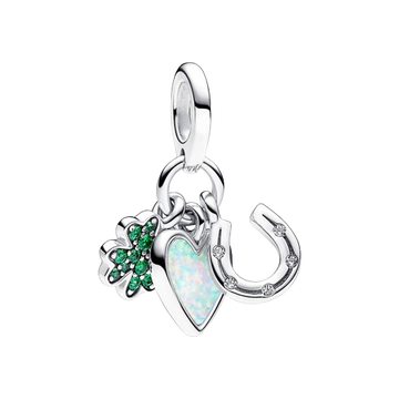 Charm Colgante Triple Trébol de Cuatro Hojas, Corazón y Herradura