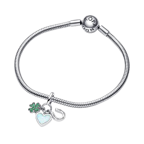 Charm Colgante Triple Trébol de Cuatro Hojas, Corazón y Herradura