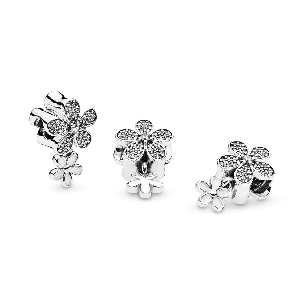 Par de margaritas deslumbrantes, esmalte blanco y cz clara