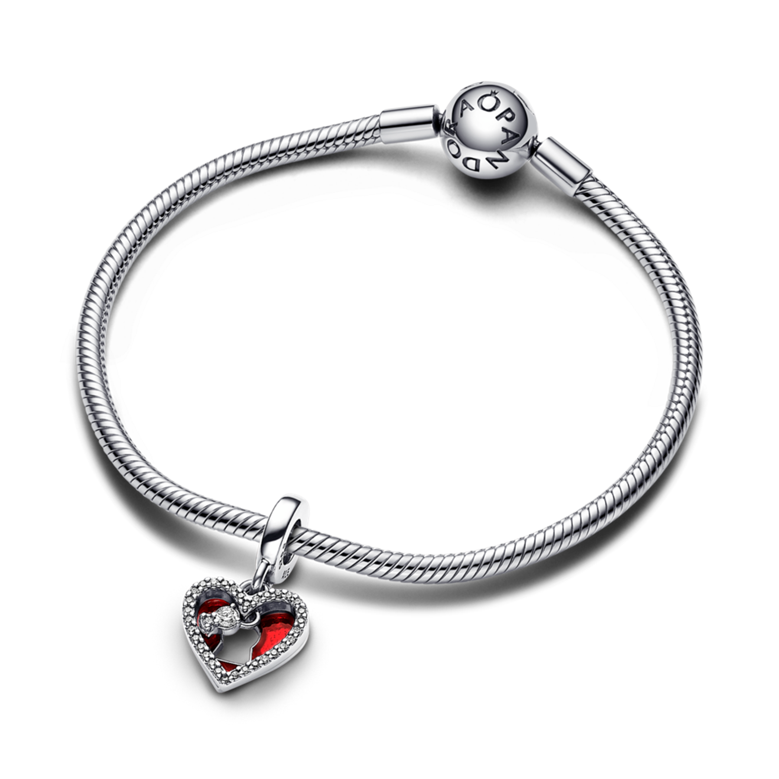 Charm Colgante Doble Corazón Rojo y Cerradura en pulsera Pandora