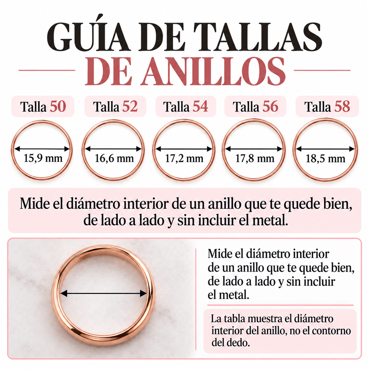 Guía de tallas de anillos Charm Rio: diámetro interior para tallas 50, 52, 54, 56 y 58