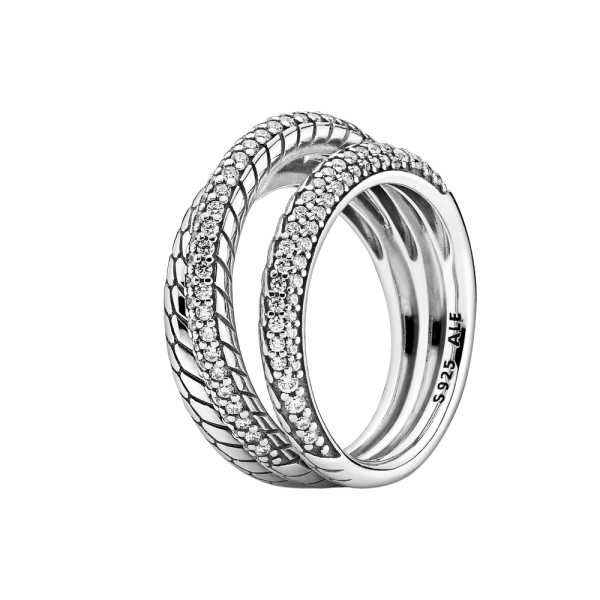 Anillo Triple Diseño Cadena de Serpiente en Pavé