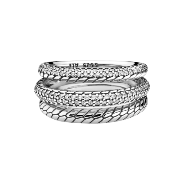 Anillo Triple Diseño Cadena de Serpiente en Pavé