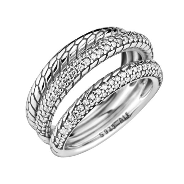 Anillo Triple Diseño Cadena de Serpiente en Pavé