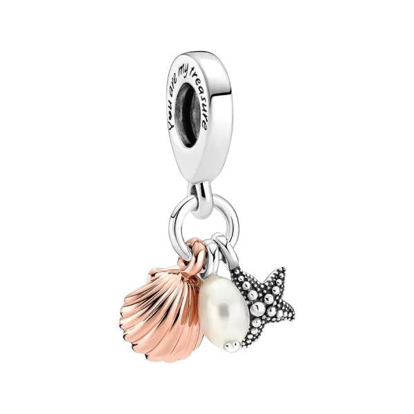 Charm Colgante Triple Concha, Perla Cultivada de Agua Dulce y Estrella de Mar