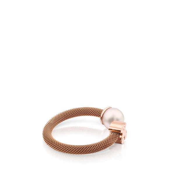 Anillo Icon Mesh de Acero y Plata Vermeil rosa con Perla