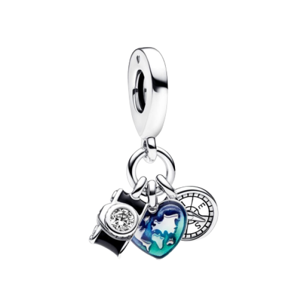 Charm Colgante Triple Cámara, Corazón y Brújula