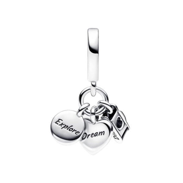 Charm Colgante Triple Cámara, Corazón y Brújula