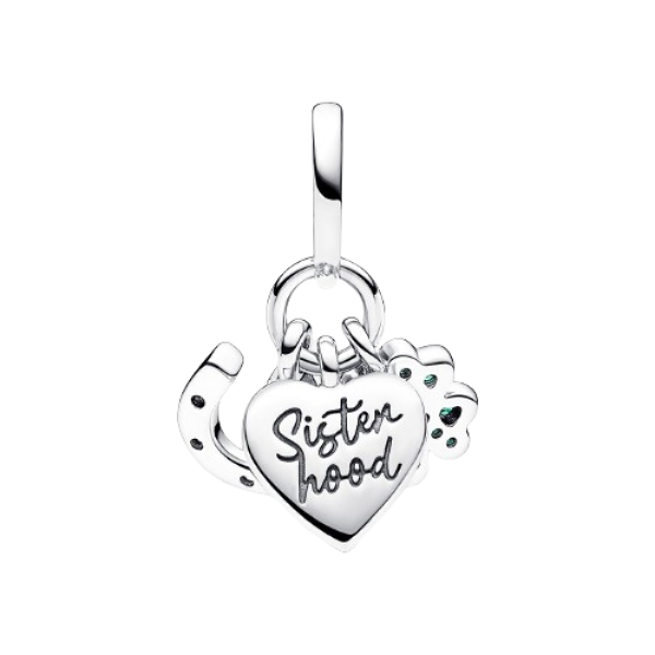 Charm Colgante Triple Trébol de Cuatro Hojas, Corazón y Herradura