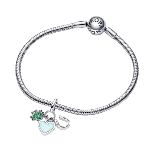 Charm Colgante Triple Trébol de Cuatro Hojas, Corazón y Herradura